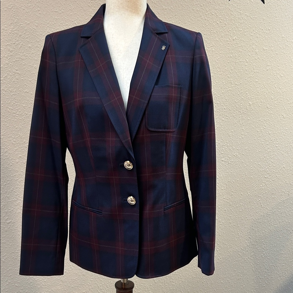 Tommy Hilfiger Women's Navy and Burgundy Plaid Blazer